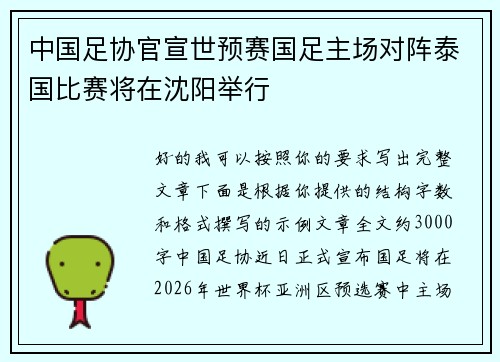中国足协官宣世预赛国足主场对阵泰国比赛将在沈阳举行